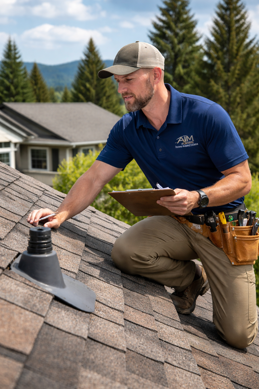 Bryan Harris inspecting a North Idaho roof for AIM Home Solutions