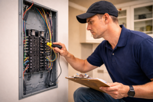 home inspector inspecting electrical panel during a North Idaho home inspection