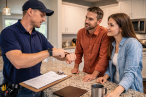 Home inspector explaining inspection timeline to home buyers during a residential home inspection in a kitchen