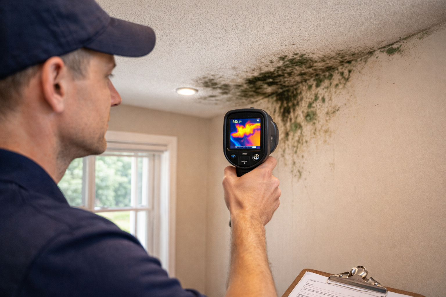 Home inspector using a thermal camera to detect moisture and mold growth during a residential home inspection