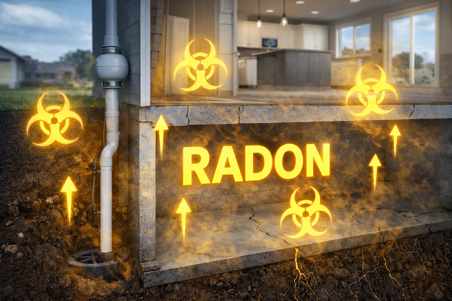 Diagram of radon gas entering a home through the foundation, explaining why radon testing is recommended for homes in North Idaho including Post Falls and Coeur d’Alene.