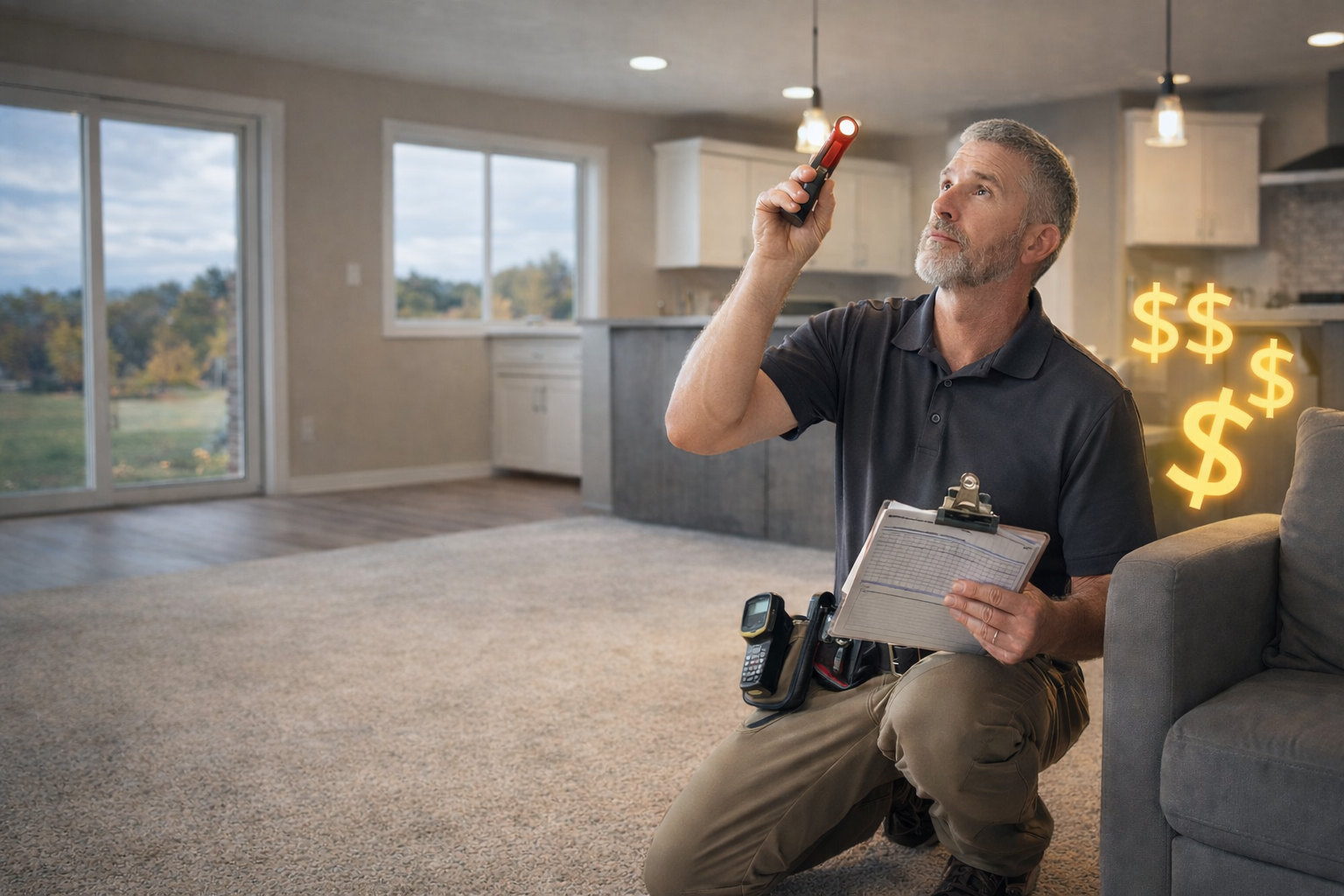 Home inspector evaluating a residential property illustrating home inspection costs and services in North Idaho.
