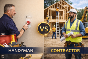 Side-by-side comparison of handyman performing small home repairs and contractor managing new home construction project