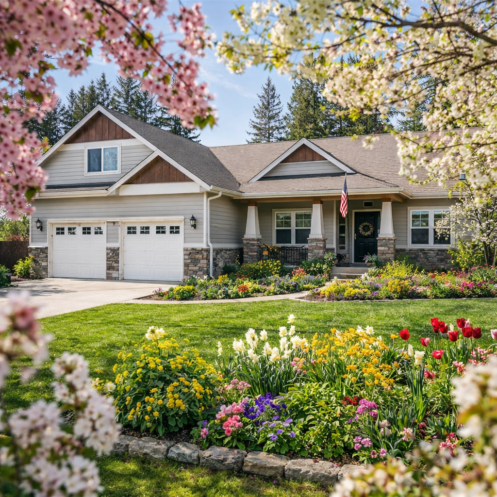 Springtime North Idaho home with blooming flowers, green lawn, and well-maintained exterior landscaping under clear skies