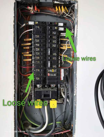 Loose breaker wiring identified during electrical inspection
