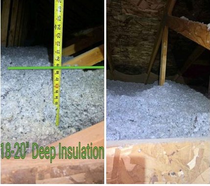 Attic insulation depth documented during a North Idaho inspection by AIM Home Solutions
