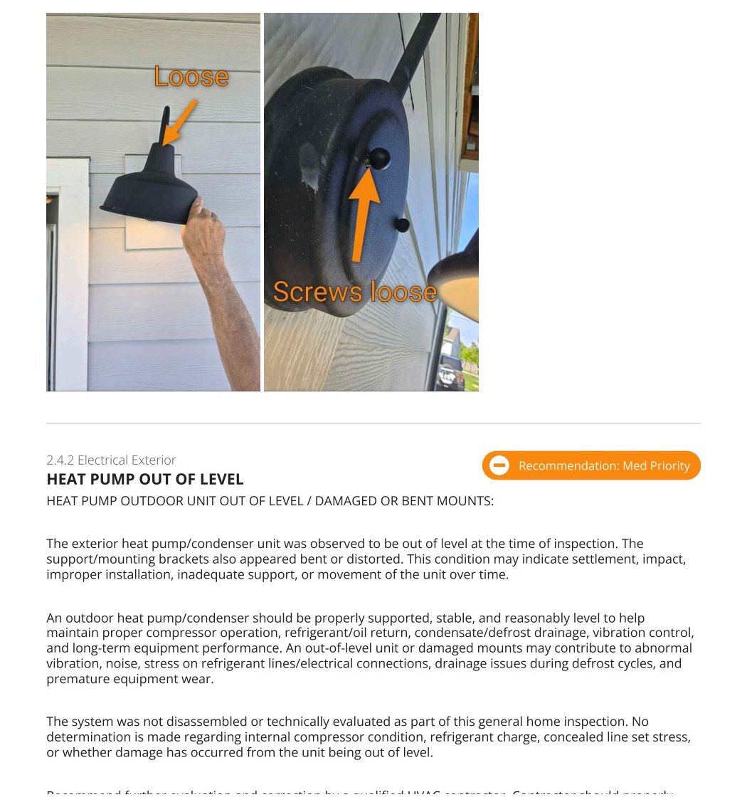 AIM Home Solutions report screenshot documenting a heat pump out of level finding