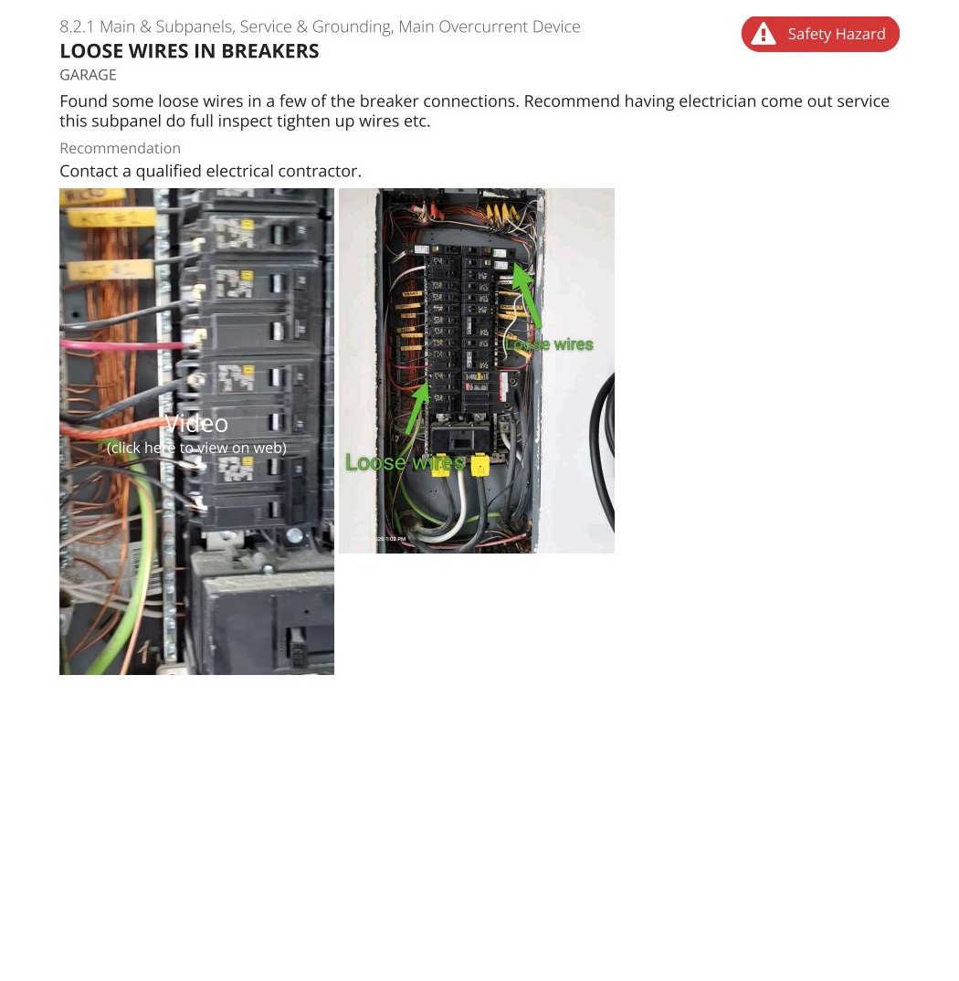 AIM Home Solutions report screenshot documenting loose wires in an electrical panel