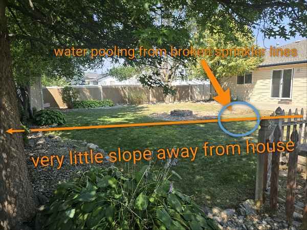 Exterior water pooling near a North Idaho home with limited drainage slope