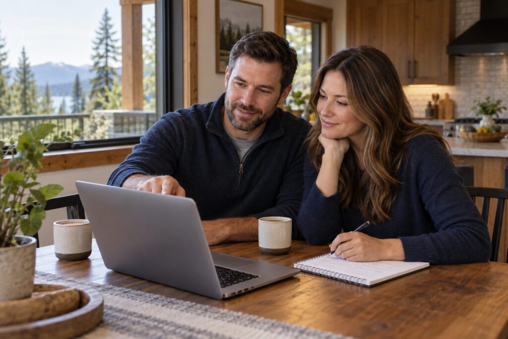Illustrative scene of homeowners reviewing information together on a laptop.